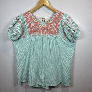 Sister Mary Patsy Striped Cotton Top Boxy Embroidery Puff Sleeve Womens Small